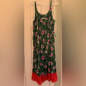Anthropologie Green Floral Maxi Dress with Coral Hem